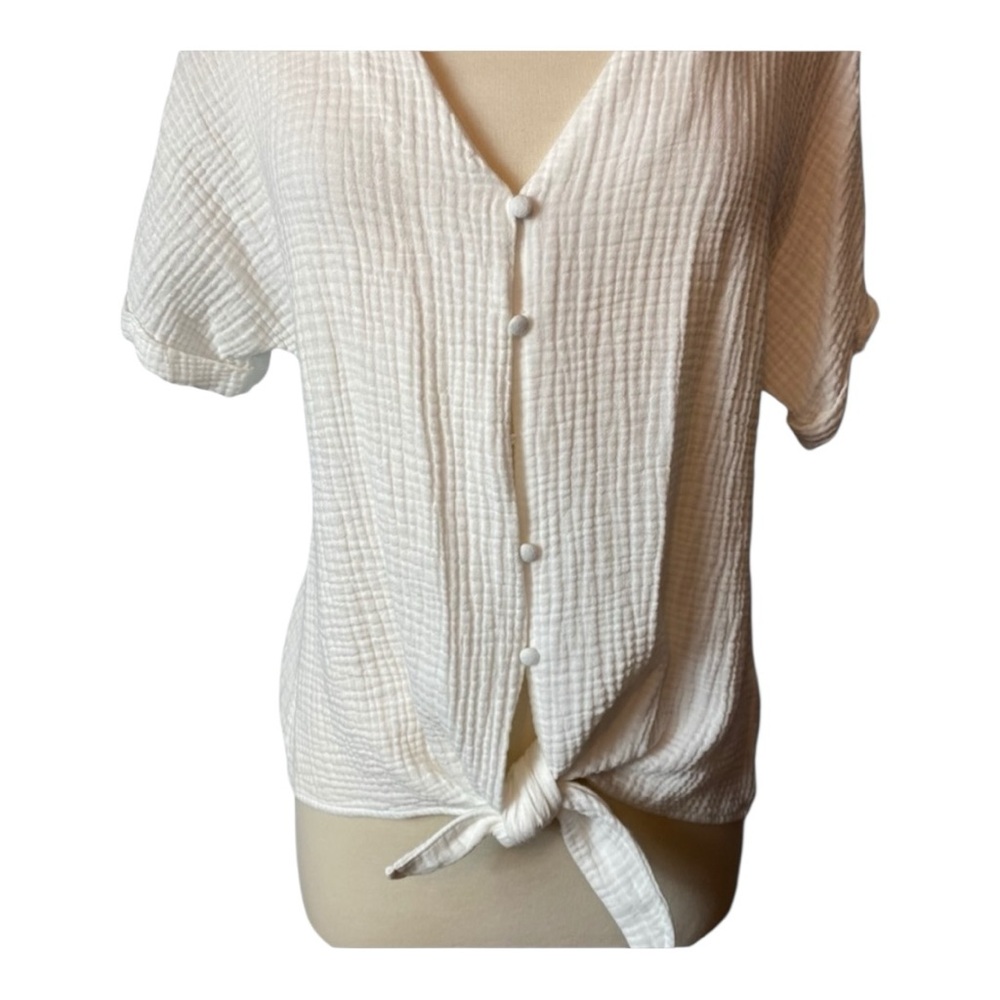 Socialite Cotton Blouse White Tie-Front Button Top Casual Summer Shirt Size L - Picture 4 of 9